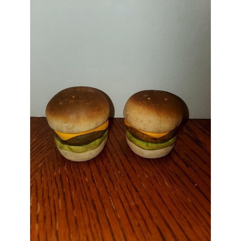 Rare Vintage 80s Ceramic Cheeseburger Salt and Pepper Shakers With Stoppers